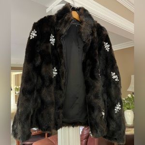 Boston Proper black faux fur coat with rhinestone accents